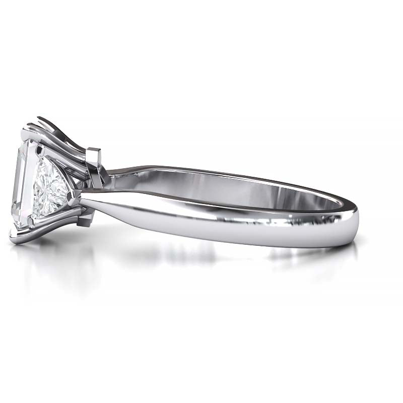 Exquisite 8x6mm Emerald-Cut Moissanite Three-Stone Ring with Tapered Band and Trapezoid Side Stones