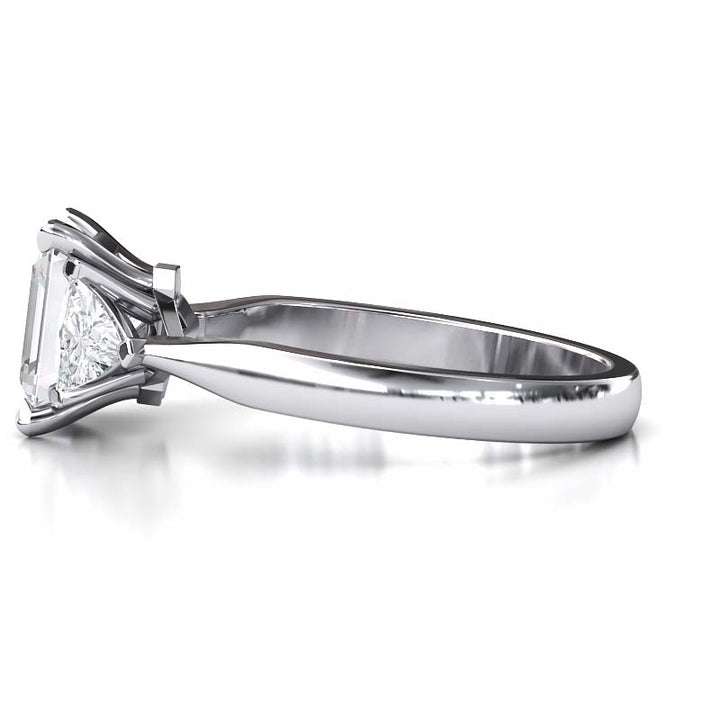 Exquisite 8x6mm Emerald-Cut Moissanite Three-Stone Ring with Tapered Band and Trapezoid Side Stones