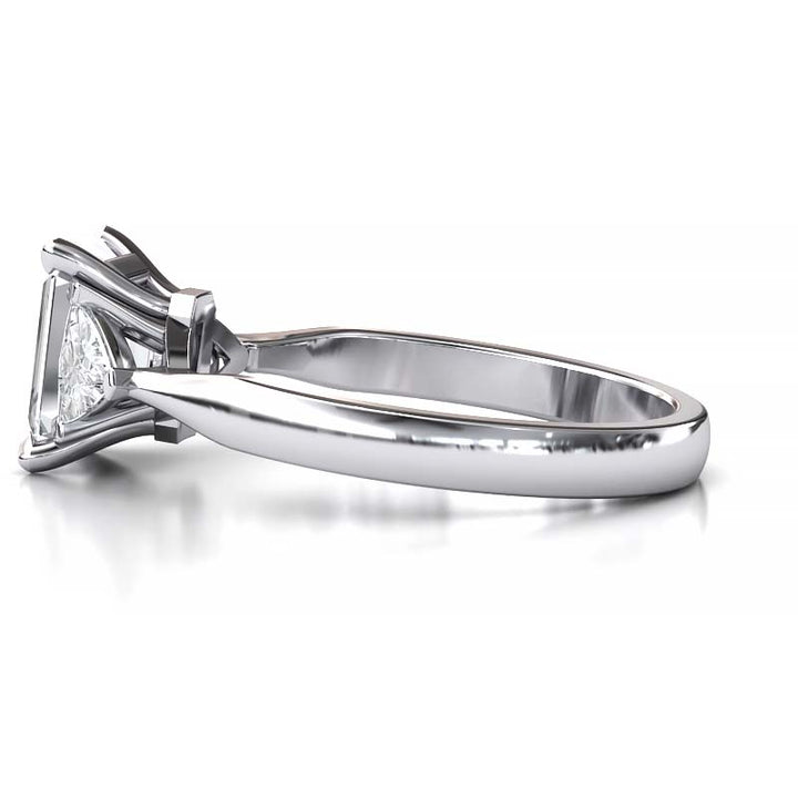 Exquisite 8x6mm Emerald-Cut Moissanite Three-Stone Ring with Tapered Band and Trapezoid Side Stones