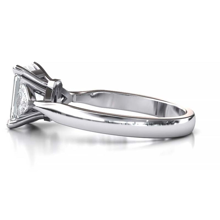 Exquisite 8x6mm Emerald-Cut Moissanite Three-Stone Ring with Tapered Band and Trapezoid Side Stones