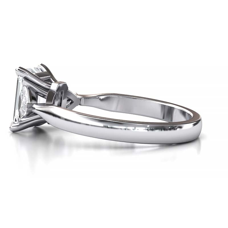 Exquisite 8x6mm Emerald-Cut Moissanite Three-Stone Ring with Tapered Band and Trapezoid Side Stones