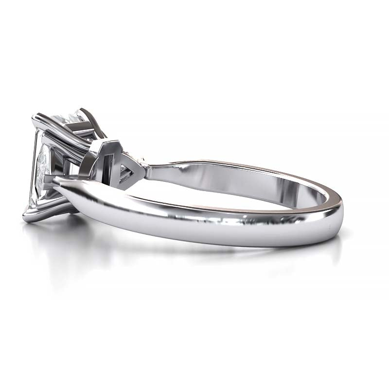 Exquisite 8x6mm Emerald-Cut Moissanite Three-Stone Ring with Tapered Band and Trapezoid Side Stones