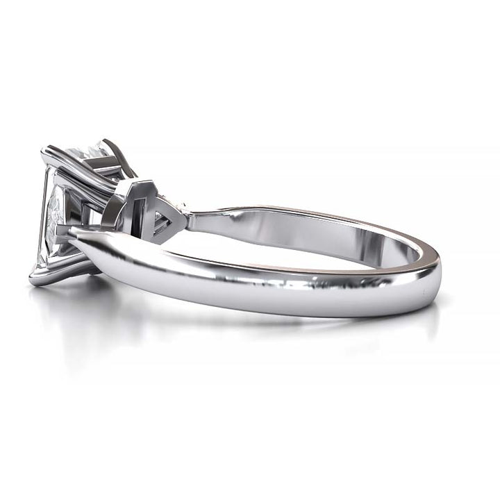 Exquisite 8x6mm Emerald-Cut Moissanite Three-Stone Ring with Tapered Band and Trapezoid Side Stones