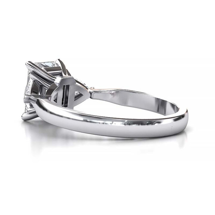 Exquisite 8x6mm Emerald-Cut Moissanite Three-Stone Ring with Tapered Band and Trapezoid Side Stones