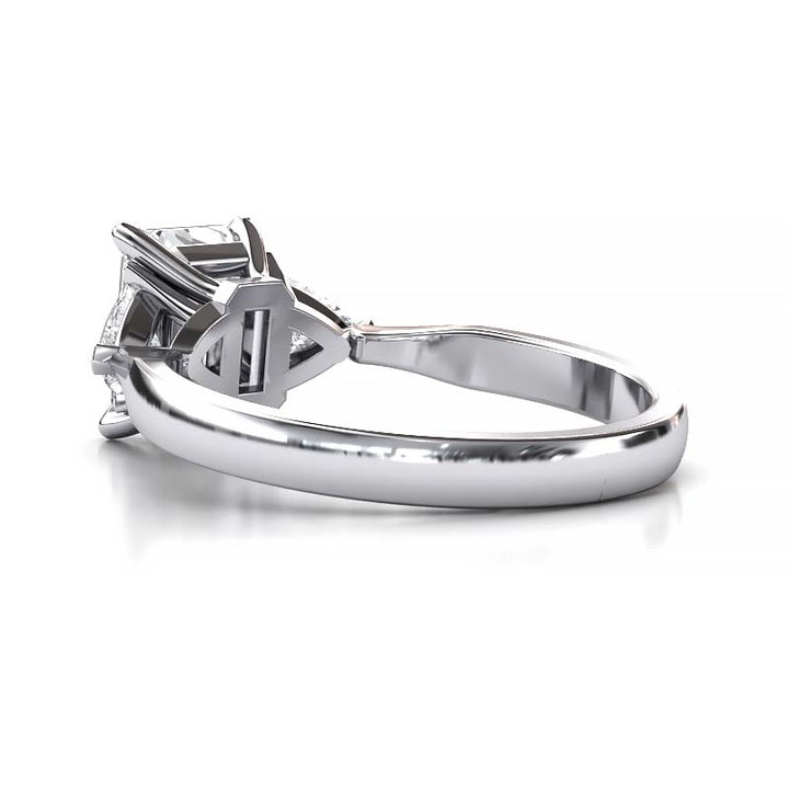 Exquisite 8x6mm Emerald-Cut Moissanite Three-Stone Ring with Tapered Band and Trapezoid Side Stones