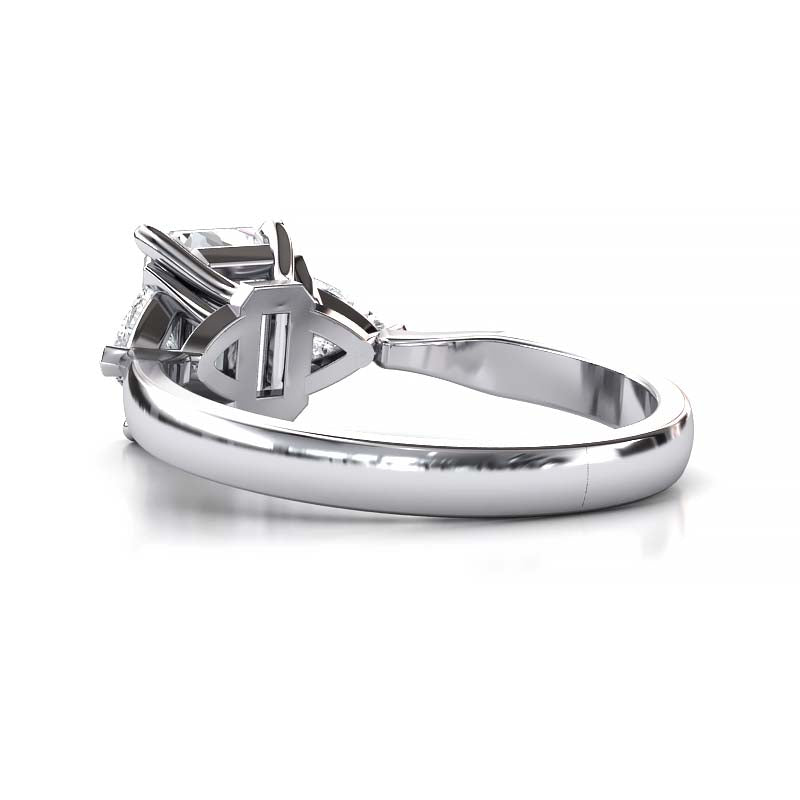Exquisite 8x6mm Emerald-Cut Moissanite Three-Stone Ring with Tapered Band and Trapezoid Side Stones