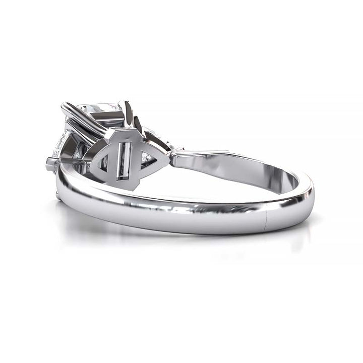 Exquisite 8x6mm Emerald-Cut Moissanite Three-Stone Ring with Tapered Band and Trapezoid Side Stones