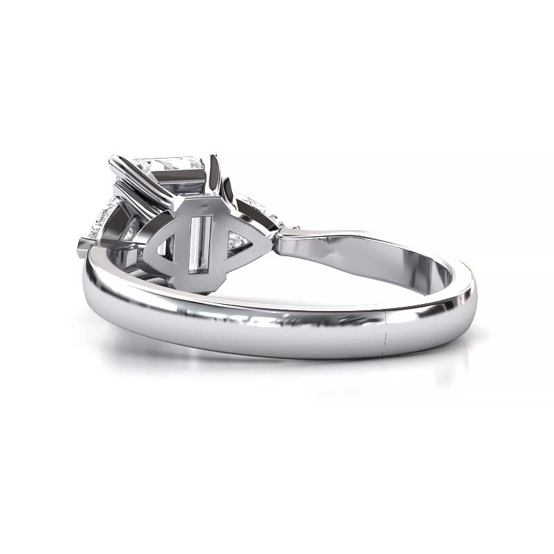 Exquisite 8x6mm Emerald-Cut Moissanite Three-Stone Ring with Tapered Band and Trapezoid Side Stones