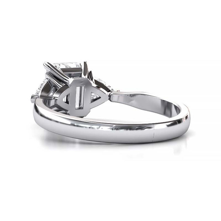 Exquisite 8x6mm Emerald-Cut Moissanite Three-Stone Ring with Tapered Band and Trapezoid Side Stones