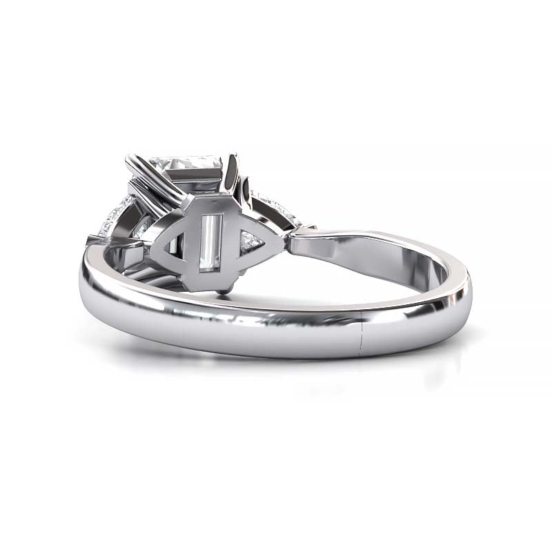 Exquisite 8x6mm Emerald-Cut Moissanite Three-Stone Ring with Tapered Band and Trapezoid Side Stones