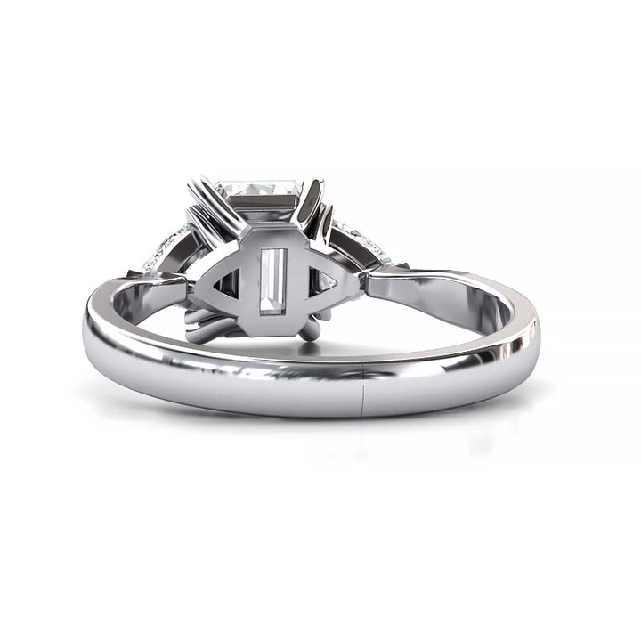 Exquisite 8x6mm Emerald-Cut Moissanite Three-Stone Ring with Tapered Band and Trapezoid Side Stones