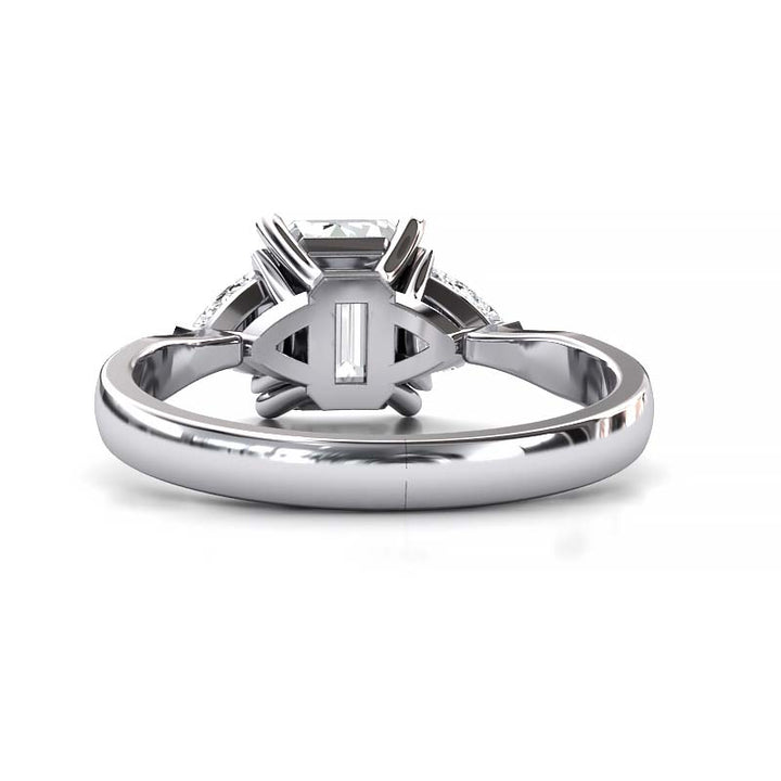 Exquisite 8x6mm Emerald-Cut Moissanite Three-Stone Ring with Tapered Band and Trapezoid Side Stones