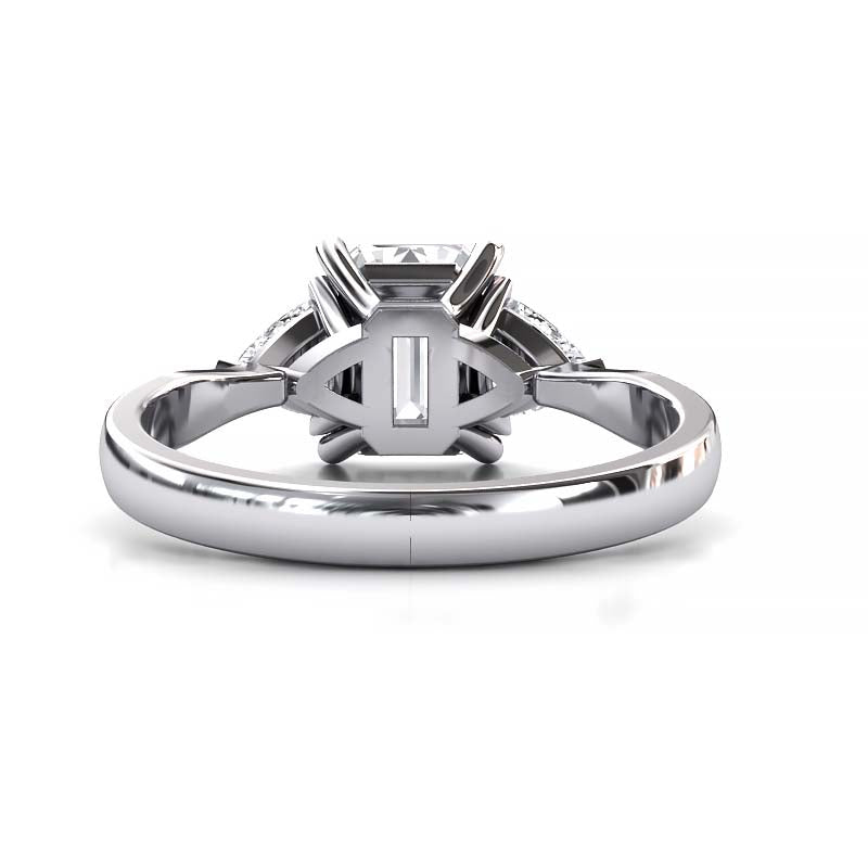 Exquisite 8x6mm Emerald-Cut Moissanite Three-Stone Ring with Tapered Band and Trapezoid Side Stones