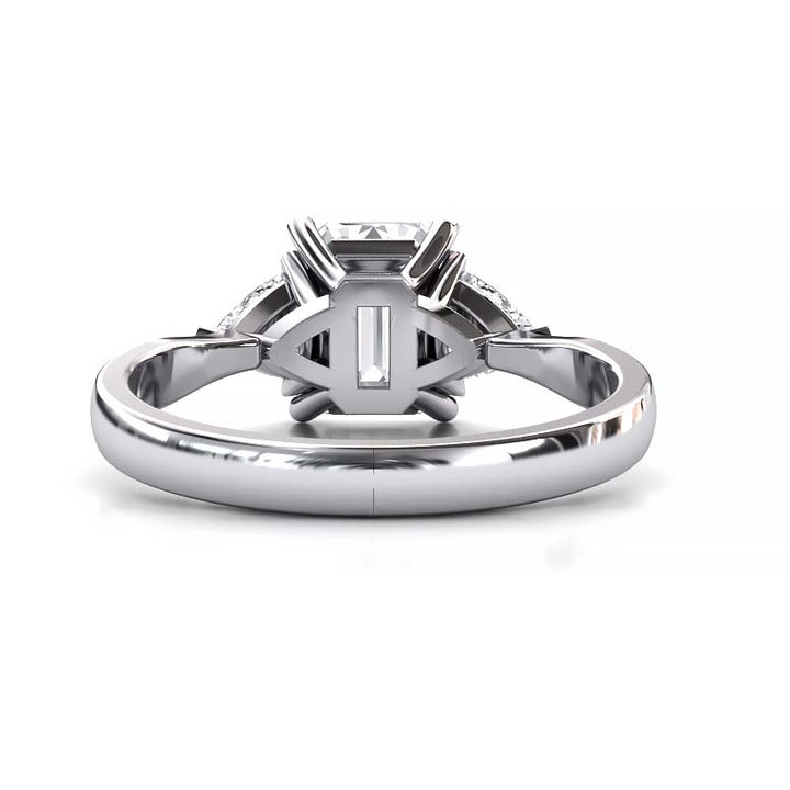 Exquisite 8x6mm Emerald-Cut Moissanite Three-Stone Ring with Tapered Band and Trapezoid Side Stones