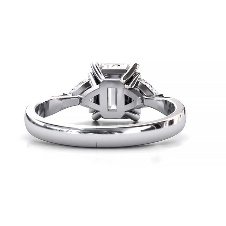 Exquisite 8x6mm Emerald-Cut Moissanite Three-Stone Ring with Tapered Band and Trapezoid Side Stones