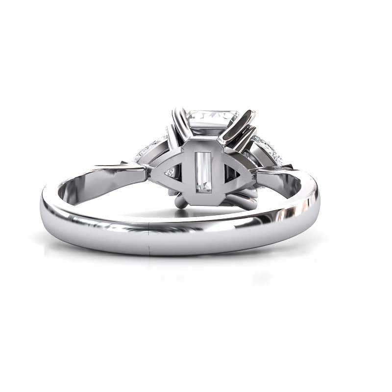 Exquisite 8x6mm Emerald-Cut Moissanite Three-Stone Ring with Tapered Band and Trapezoid Side Stones