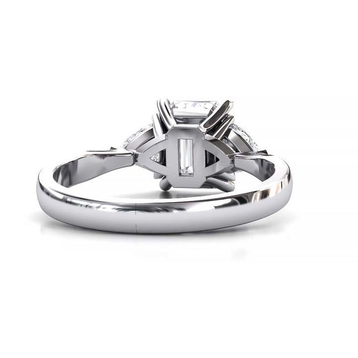 Exquisite 8x6mm Emerald-Cut Moissanite Three-Stone Ring with Tapered Band and Trapezoid Side Stones