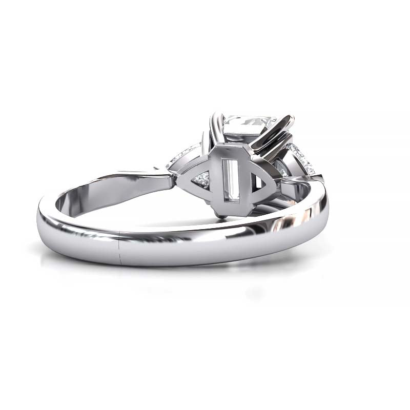 Exquisite 8x6mm Emerald-Cut Moissanite Three-Stone Ring with Tapered Band and Trapezoid Side Stones