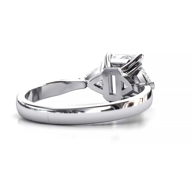 Exquisite 8x6mm Emerald-Cut Moissanite Three-Stone Ring with Tapered Band and Trapezoid Side Stones