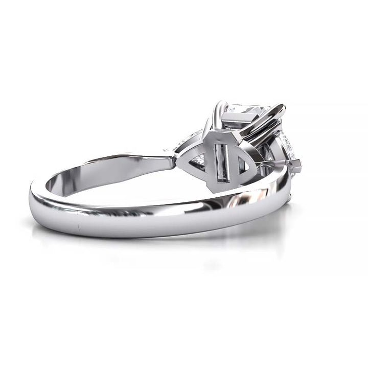 Exquisite 8x6mm Emerald-Cut Moissanite Three-Stone Ring with Tapered Band and Trapezoid Side Stones