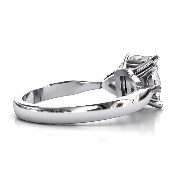 Exquisite 8x6mm Emerald-Cut Moissanite Three-Stone Ring with Tapered Band and Trapezoid Side Stones