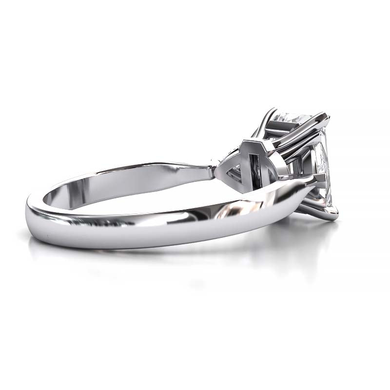 Exquisite 8x6mm Emerald-Cut Moissanite Three-Stone Ring with Tapered Band and Trapezoid Side Stones