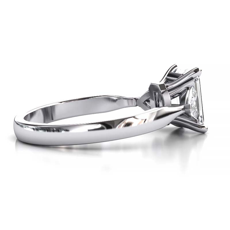 Exquisite 8x6mm Emerald-Cut Moissanite Three-Stone Ring with Tapered Band and Trapezoid Side Stones