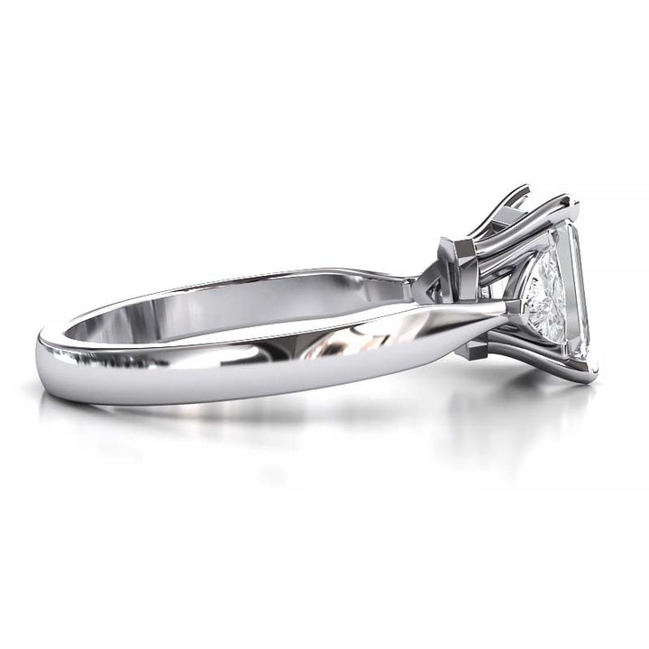 Exquisite 8x6mm Emerald-Cut Moissanite Three-Stone Ring with Tapered Band and Trapezoid Side Stones