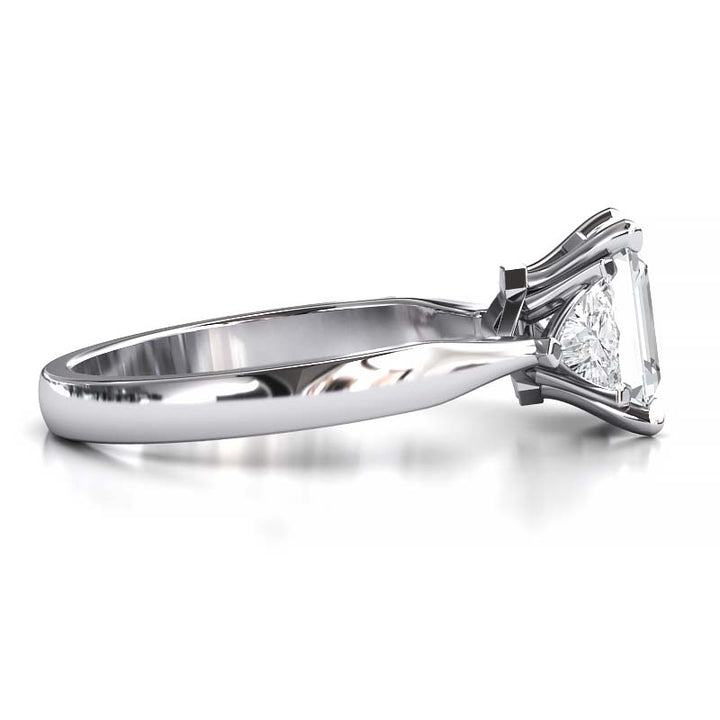 Exquisite 8x6mm Emerald-Cut Moissanite Three-Stone Ring with Tapered Band and Trapezoid Side Stones