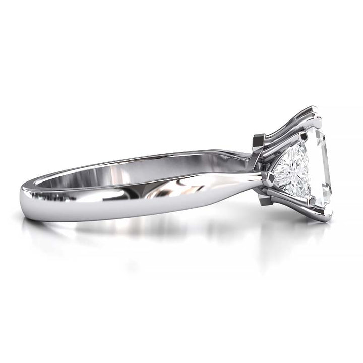 Exquisite 8x6mm Emerald-Cut Moissanite Three-Stone Ring with Tapered Band and Trapezoid Side Stones