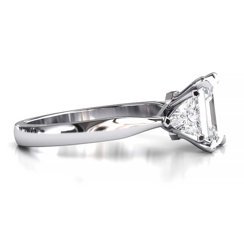 Exquisite 8x6mm Emerald-Cut Moissanite Three-Stone Ring with Tapered Band and Trapezoid Side Stones