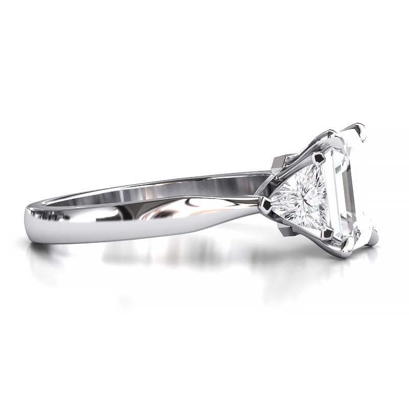 Exquisite 8x6mm Emerald-Cut Moissanite Three-Stone Ring with Tapered Band and Trapezoid Side Stones