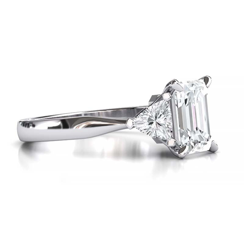 Exquisite 8x6mm Emerald-Cut Moissanite Three-Stone Ring with Tapered Band and Trapezoid Side Stones