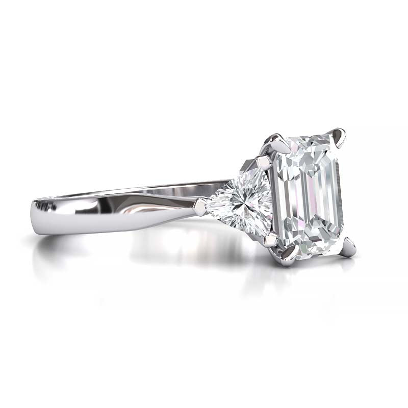 Exquisite 8x6mm Emerald-Cut Moissanite Three-Stone Ring with Tapered Band and Trapezoid Side Stones
