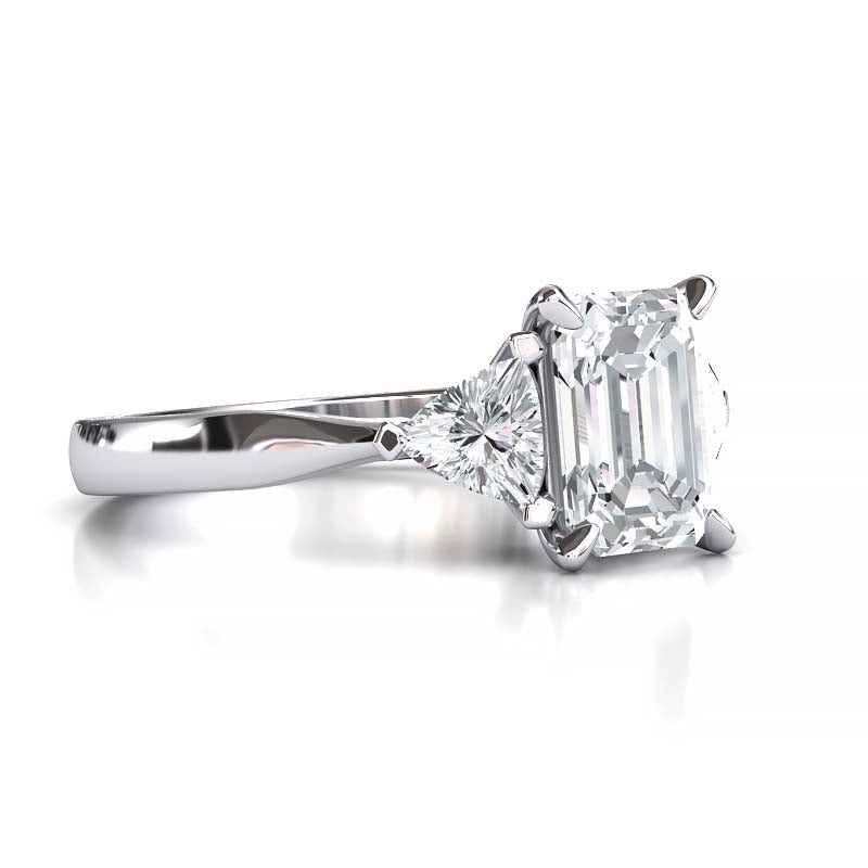 Exquisite 8x6mm Emerald-Cut Moissanite Three-Stone Ring with Tapered Band and Trapezoid Side Stones