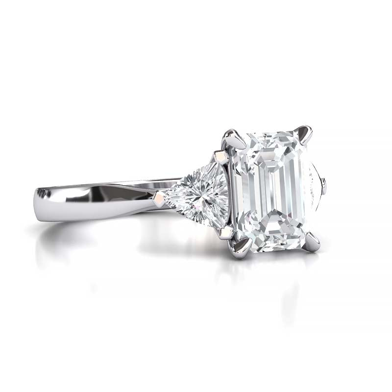 Exquisite 8x6mm Emerald-Cut Moissanite Three-Stone Ring with Tapered Band and Trapezoid Side Stones