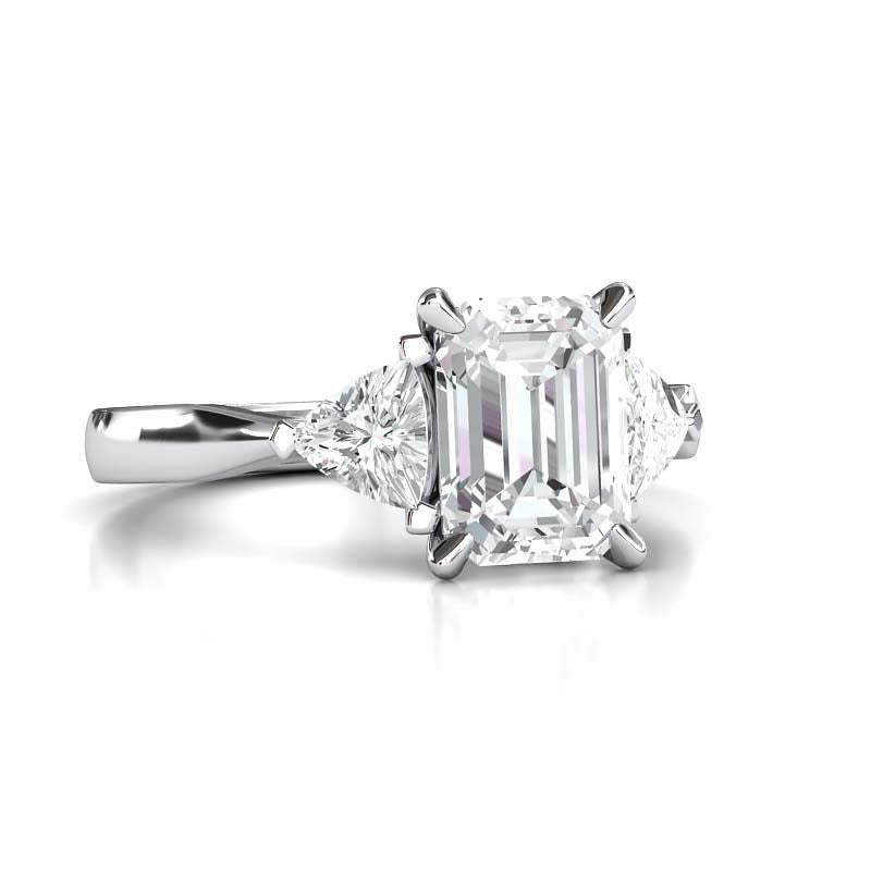 Exquisite 8x6mm Emerald-Cut Moissanite Three-Stone Ring with Tapered Band and Trapezoid Side Stones