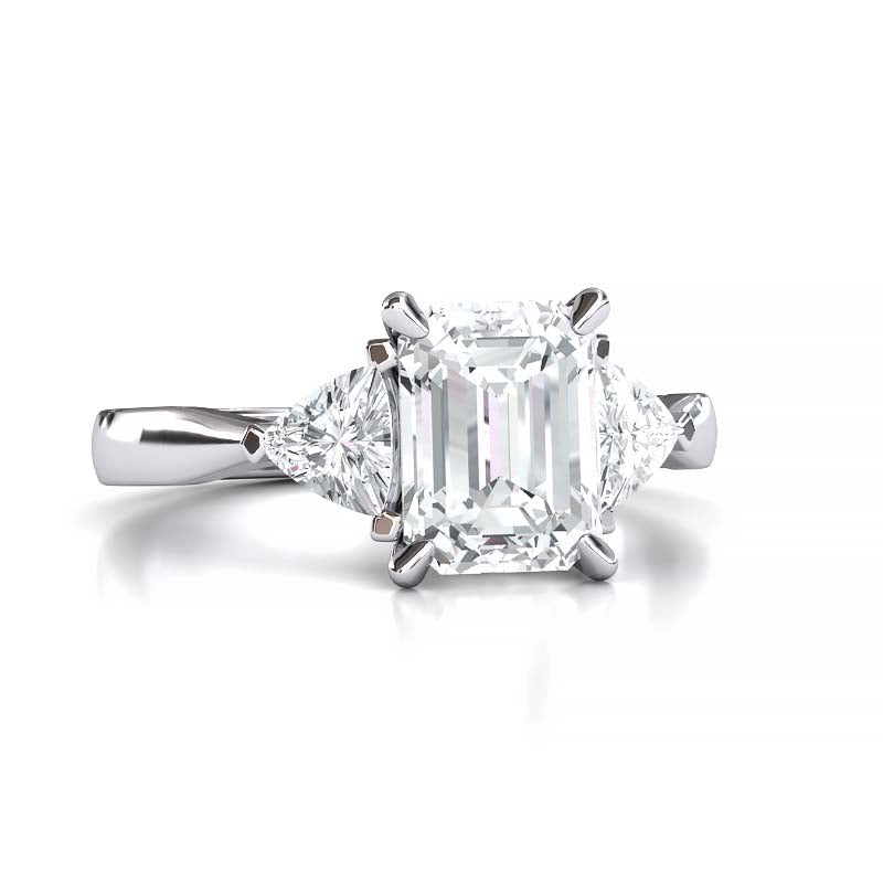Exquisite 8x6mm Emerald-Cut Moissanite Three-Stone Ring with Tapered Band and Trapezoid Side Stones