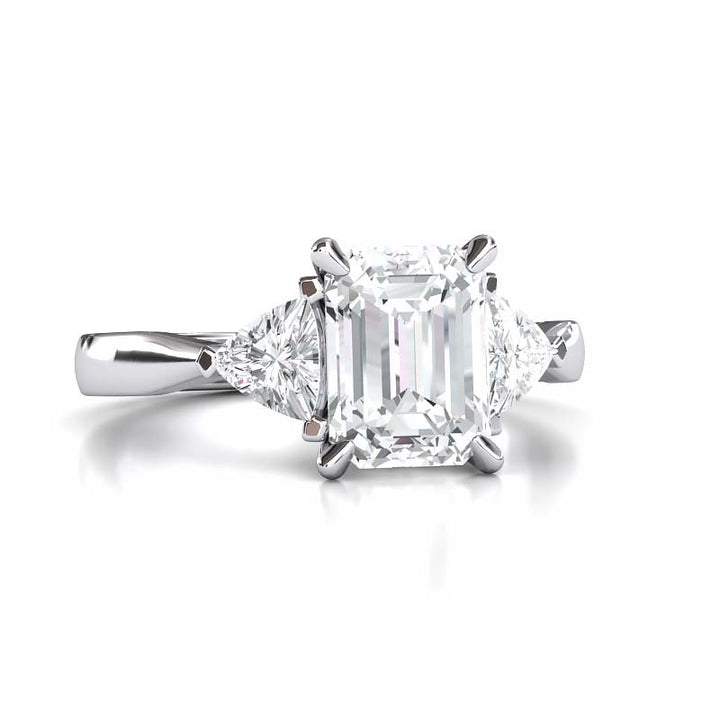 Exquisite 8x6mm Emerald-Cut Moissanite Three-Stone Ring with Tapered Band and Trapezoid Side Stones