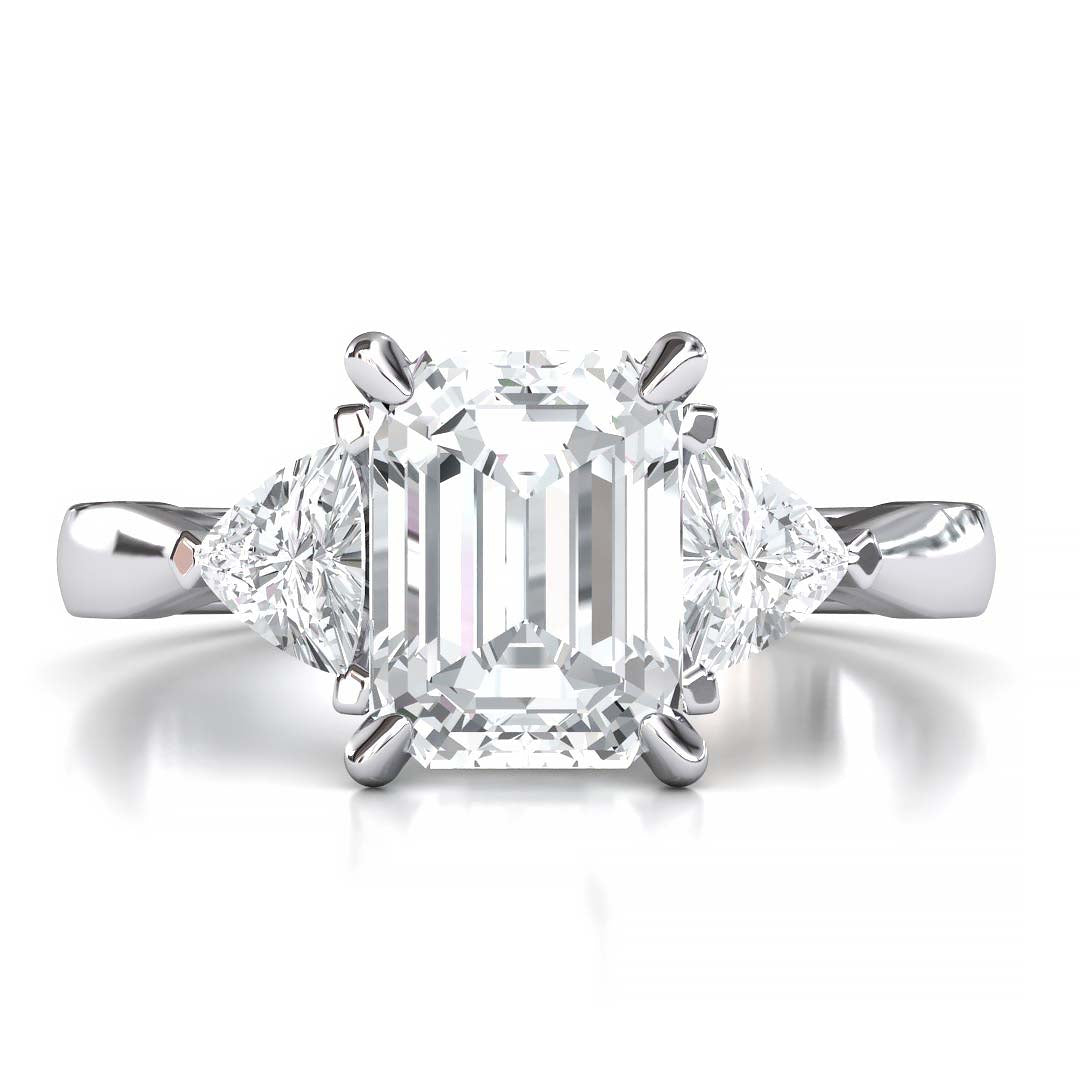 Exquisite 8x6mm Emerald-Cut Moissanite Three-Stone Ring with Tapered Band and Trapezoid Side Stones