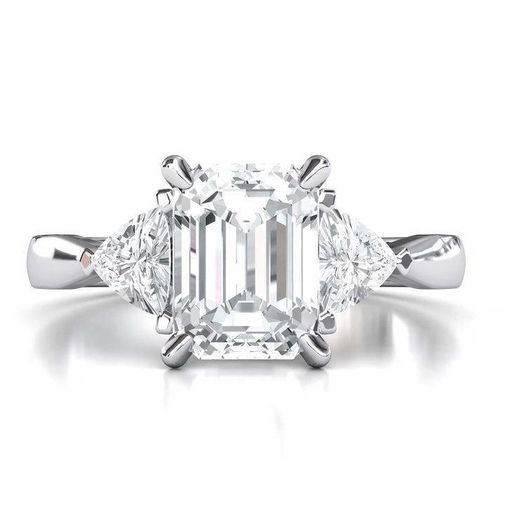 Exquisite 8x6mm Emerald-Cut Moissanite Three-Stone Ring with Tapered Band and Trapezoid Side Stones