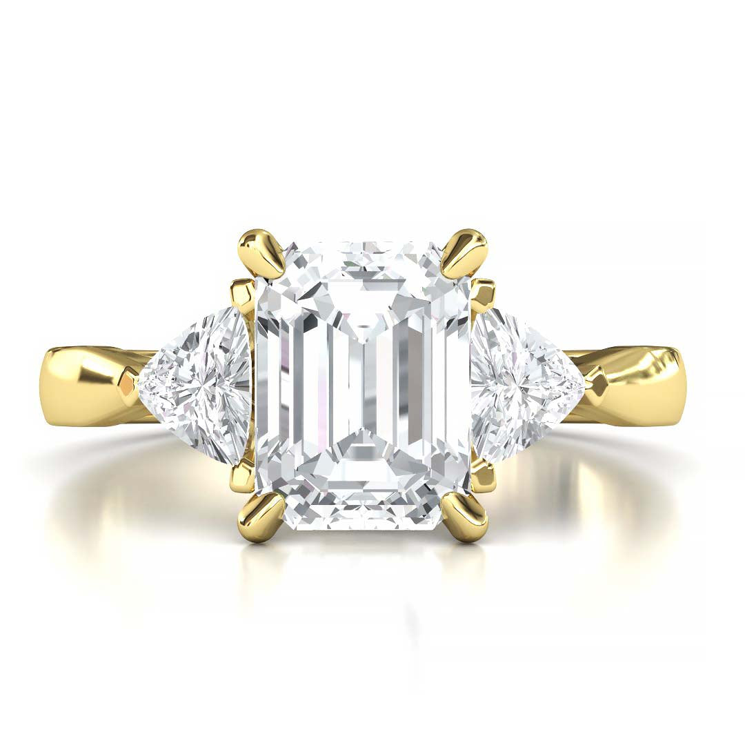 Exquisite 8x6mm Emerald-Cut Moissanite Three-Stone Ring with Tapered Band and Trapezoid Side Stones