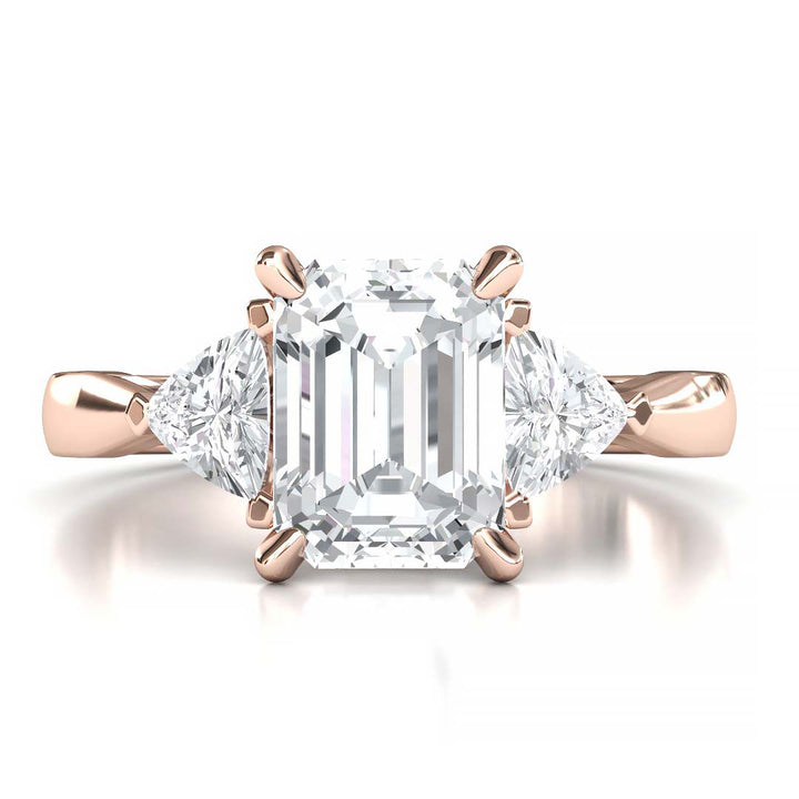 Exquisite 8x6mm Emerald-Cut Moissanite Three-Stone Ring with Tapered Band and Trapezoid Side Stones