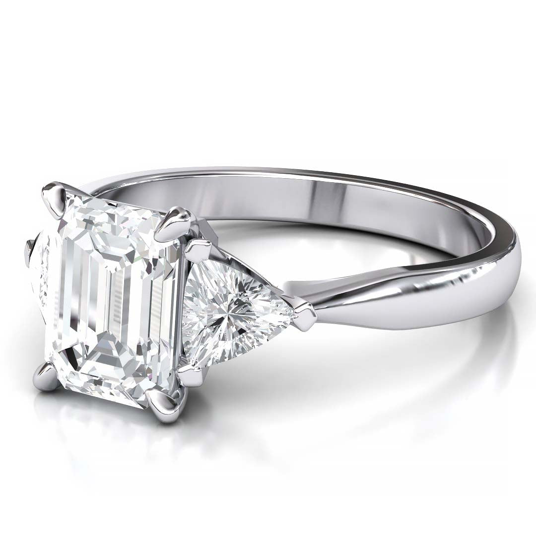 Exquisite 8x6mm Emerald-Cut Moissanite Three-Stone Ring with Tapered Band and Trapezoid Side Stones