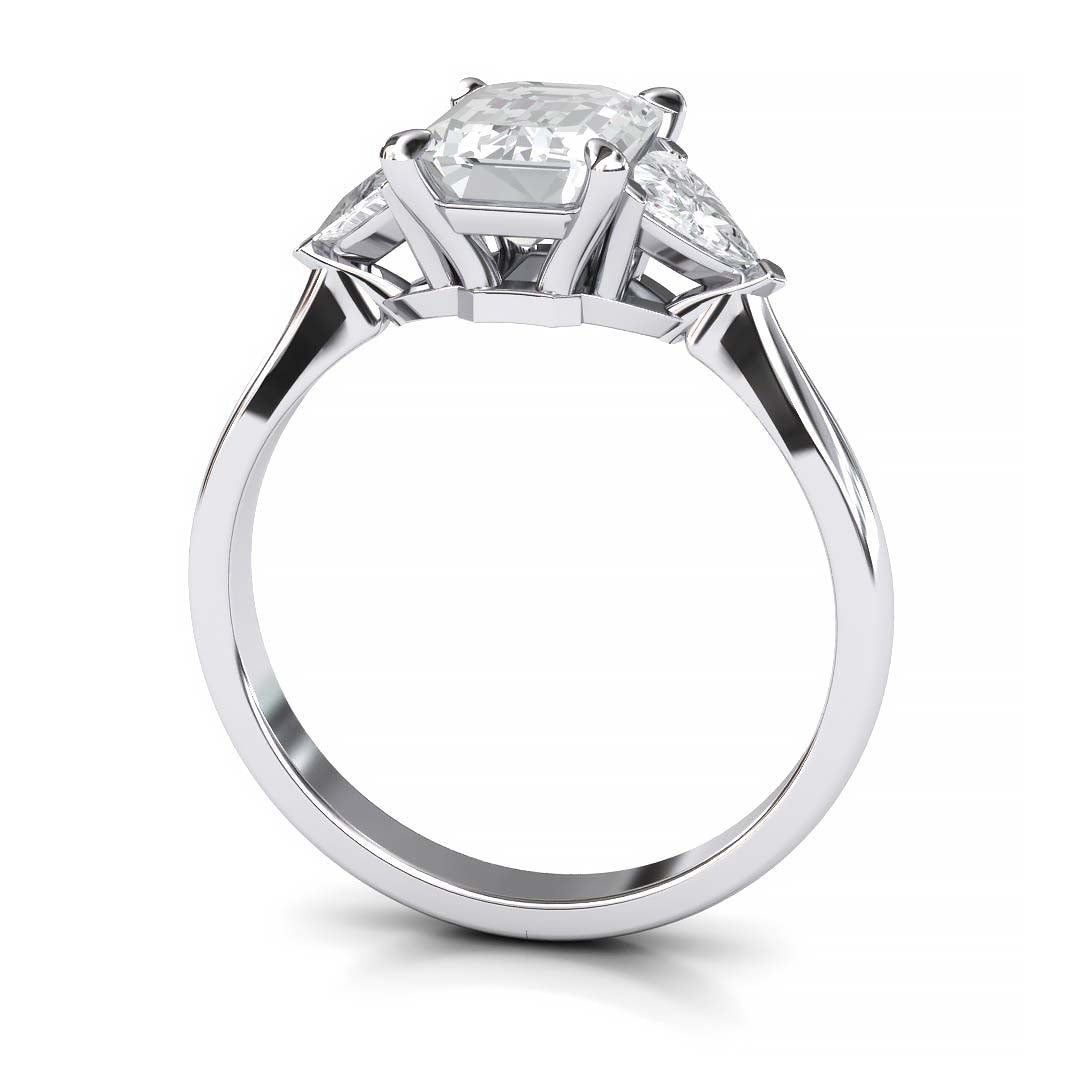 Exquisite 8x6mm Emerald-Cut Moissanite Three-Stone Ring with Tapered Band and Trapezoid Side Stones