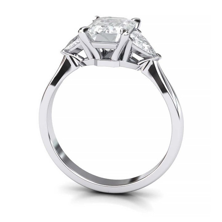 Exquisite 8x6mm Emerald-Cut Moissanite Three-Stone Ring with Tapered Band and Trapezoid Side Stones