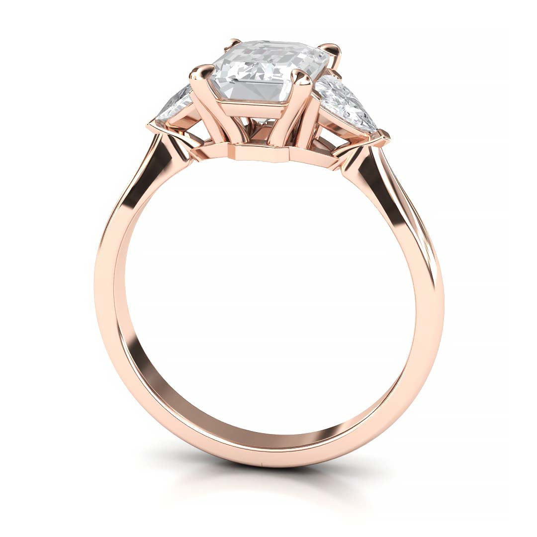 Exquisite 8x6mm Emerald-Cut Moissanite Three-Stone Ring with Tapered Band and Trapezoid Side Stones