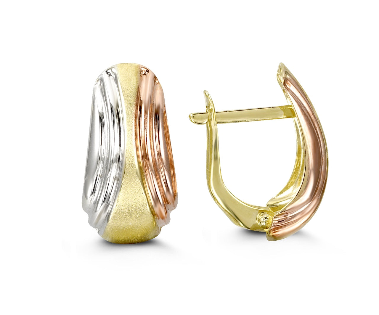 Elegant tri-color 10K gold twisted hoop earrings showcasing yellow, white, and rose gold, polished to a high shine with a secure closure.