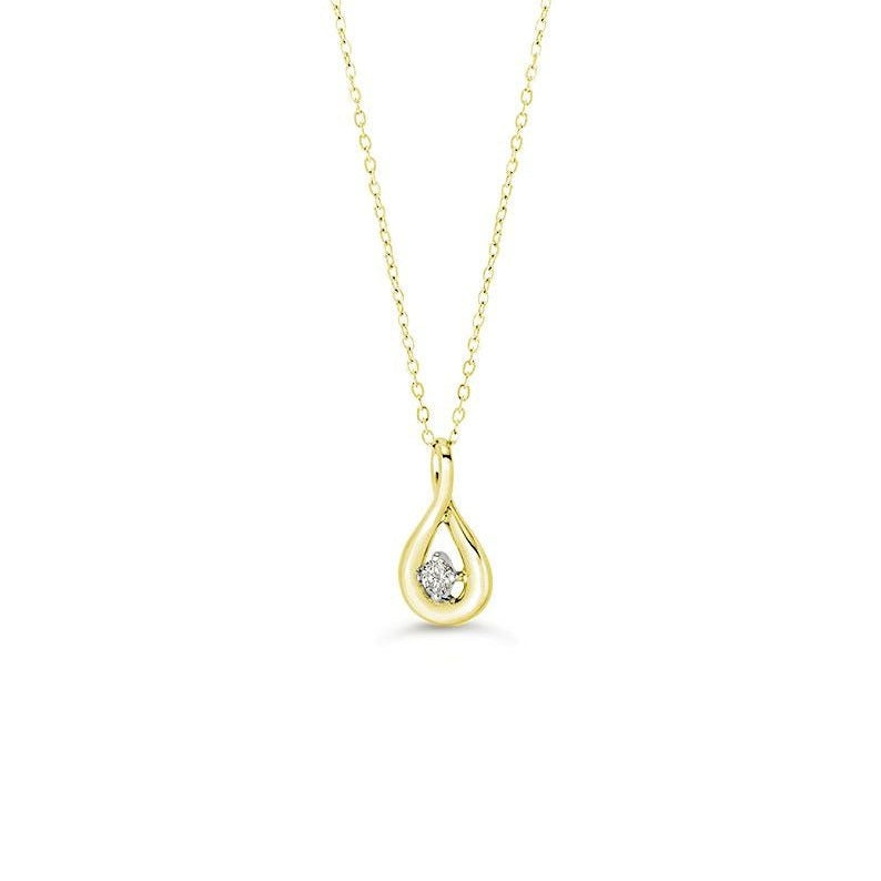 Elegant 10K yellow gold figure 8 pendant with a central 0.05 ct diamond, gracefully suspended on a fine yellow gold chain, representing infinite beauty and love.