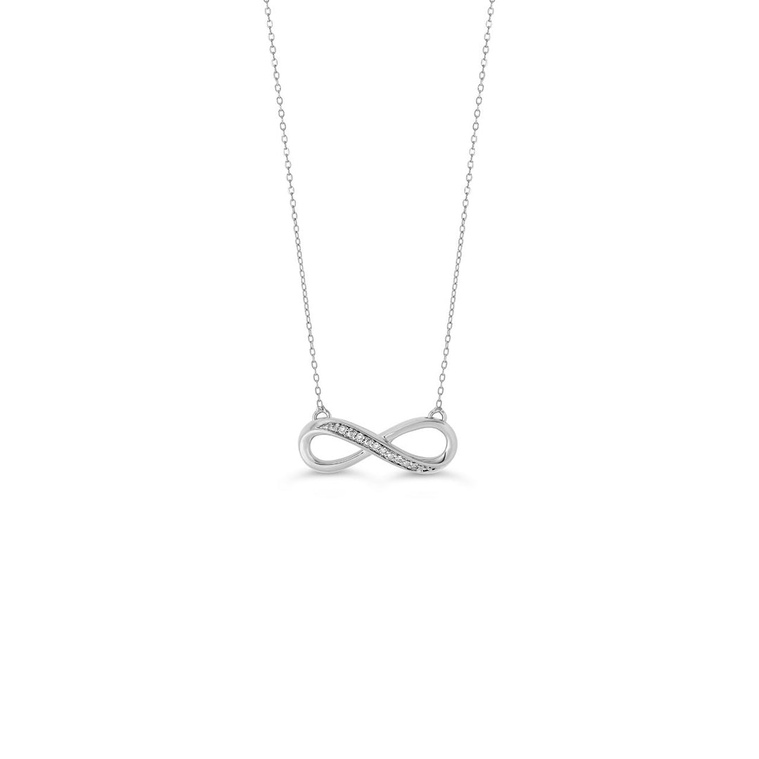 Stylish 10K white gold infinity pendant with delicate diamond accents totaling 0.021 ct, gracefully hanging on a fine white gold chain, symbolizing eternal love.
